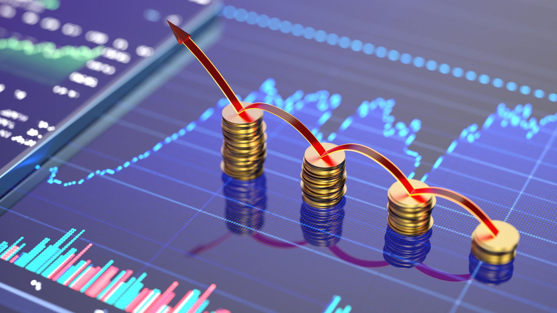 Gráficos y tablas de tendencias empresariales concepto digital, gráfico de monedas en la pantalla de un teléfono inteligente